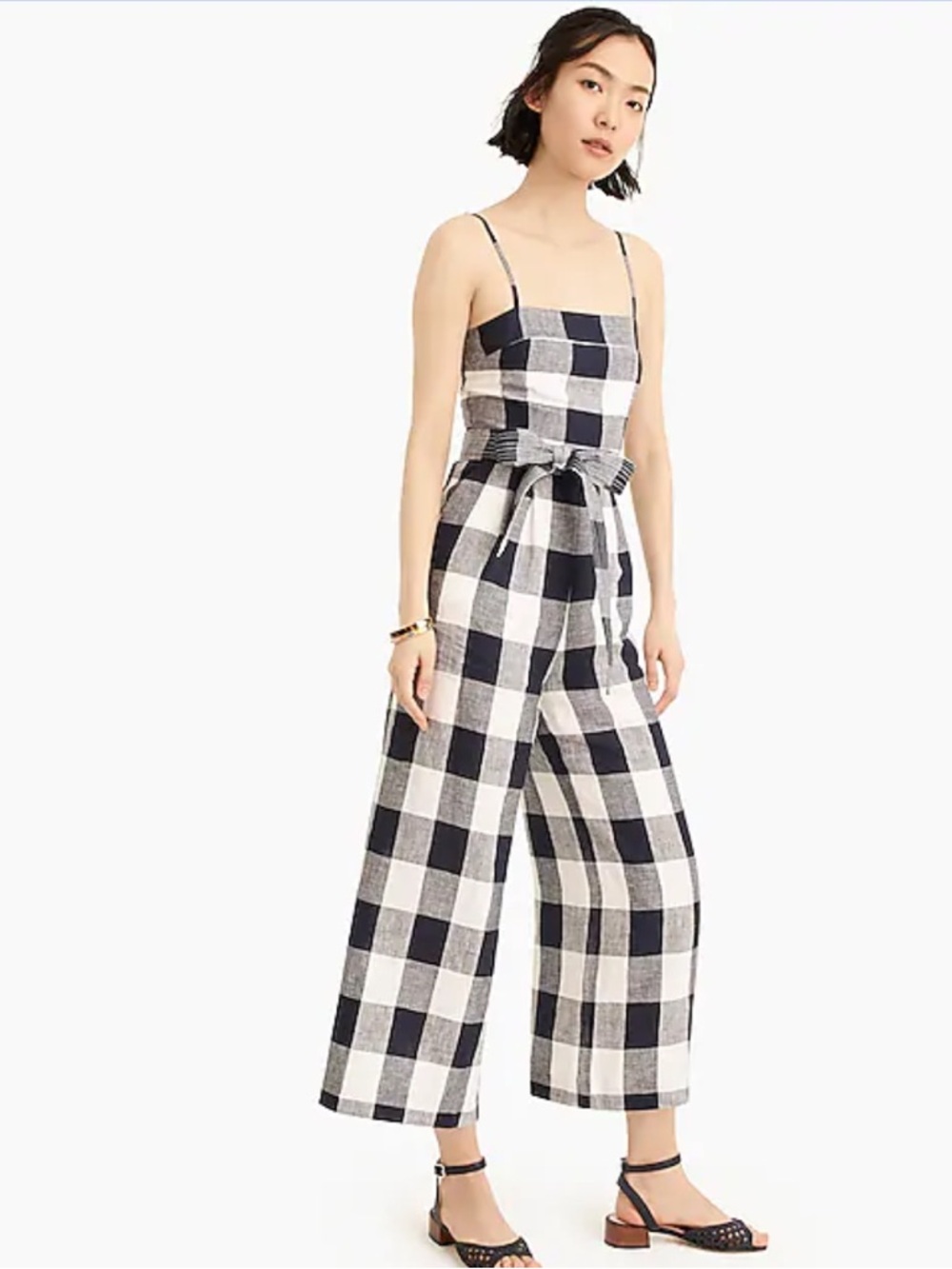 J. Crew Gingham Beauchamps Linen-Blend Wide Leg Jumpsuit - Navy & White